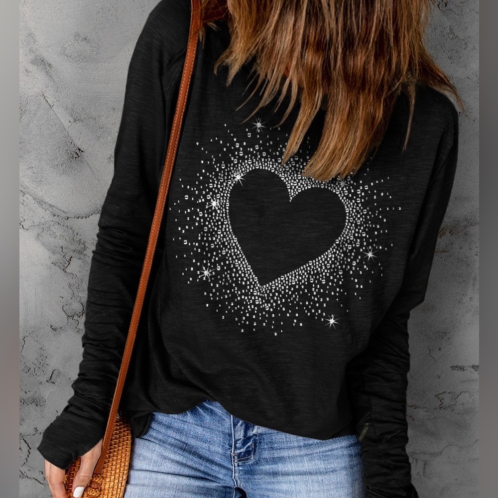 NEW Black Rhinestone Heart Shape Print Long Sleeve Top - Picture 5 of 8